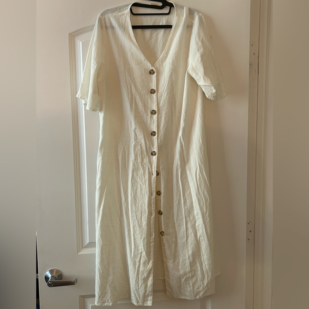Elie Tahari Cream white Midi Women’s Short sleeve Linen Mix Dress Buttons Sz 14